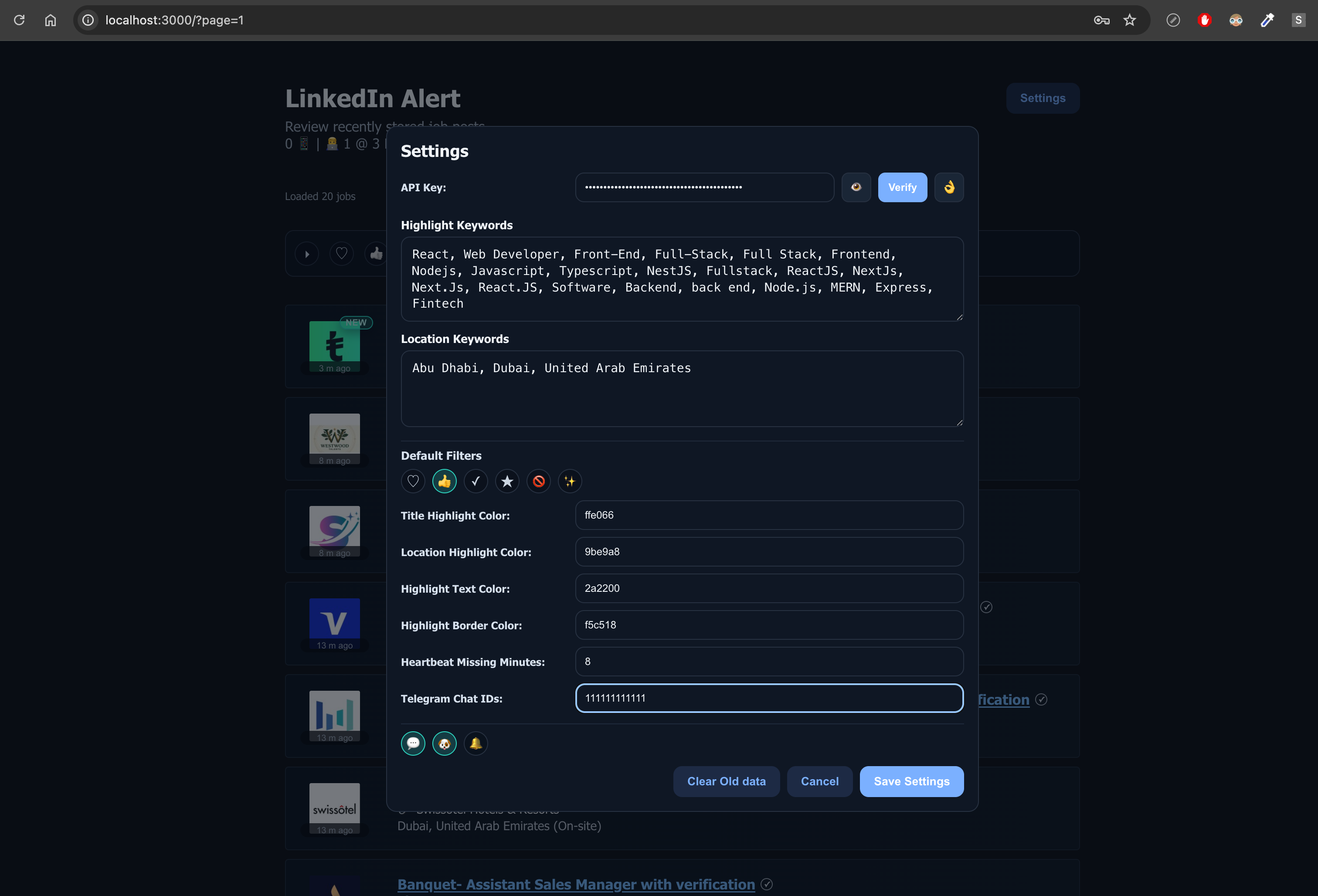Admin dashboard settings view